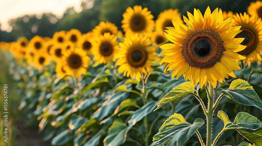Fototapeta premium Vibrant Sunflowers Field Summer Blooms Golden Yellow Flowers Agriculture Nature Photography