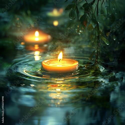 Two candles floating in a body of water. The water is dark and the candles are lit. The scene is peaceful and calming
