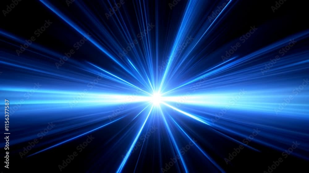 Blue light burst. Blue glow light rays with time warp on zoom in effect background. Perspective view of blue laser light burst motion. Long exposure time warp speed Lights lines blue background zoom 