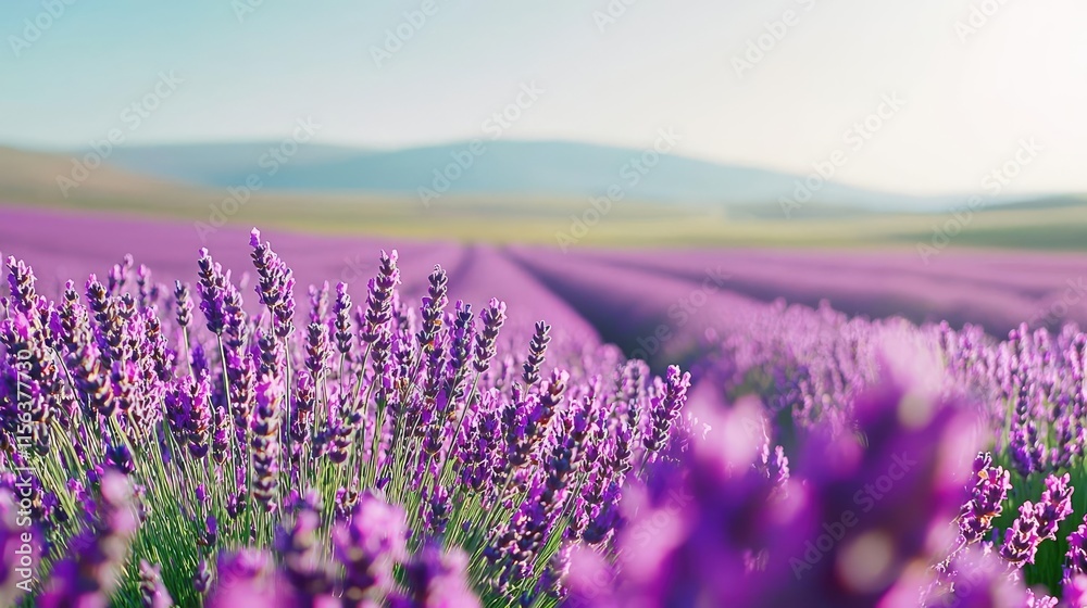 Obraz premium Pastel floral concept. Vibrant lavender field under a clear blue sky in a tranquil landscape.