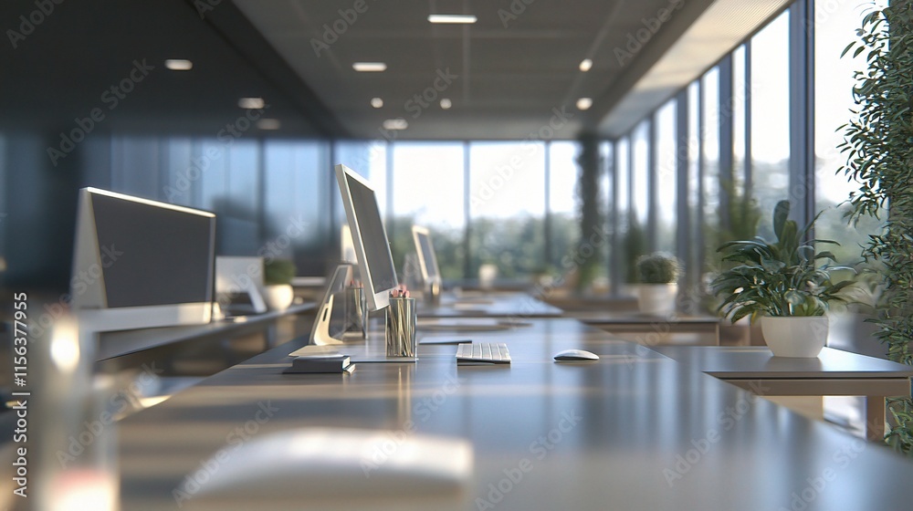 Modern Corporate Workspace with Blurred Desks and Computers Modern Corporate Workspace with Blurred Desks and Computers