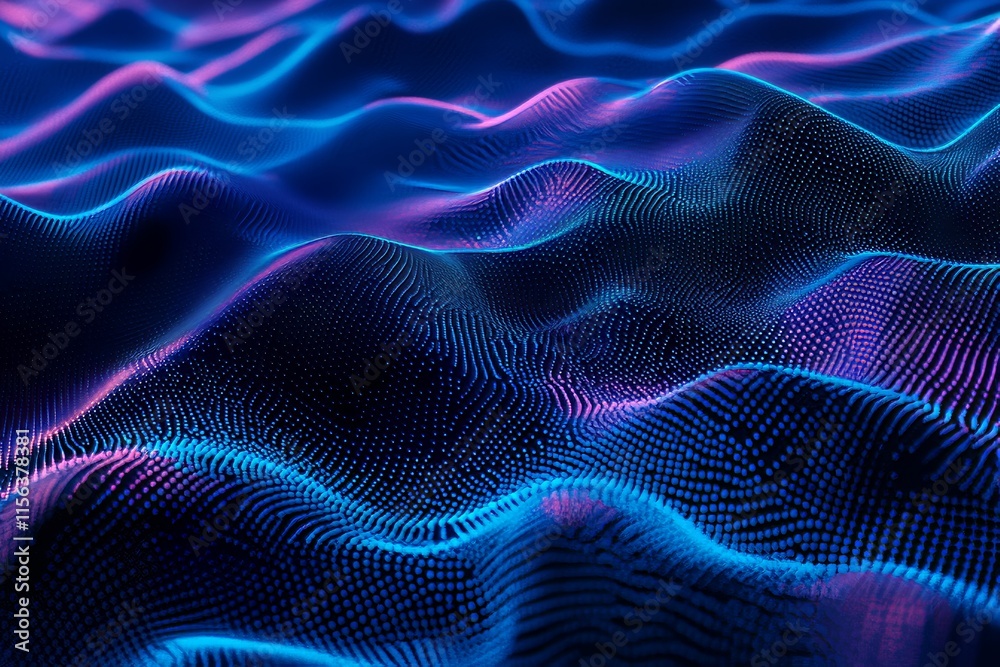 A mesmerizing abstract digital landscape featuring glowing blue and purple waves, creating a futuristic cyber space ambiance.