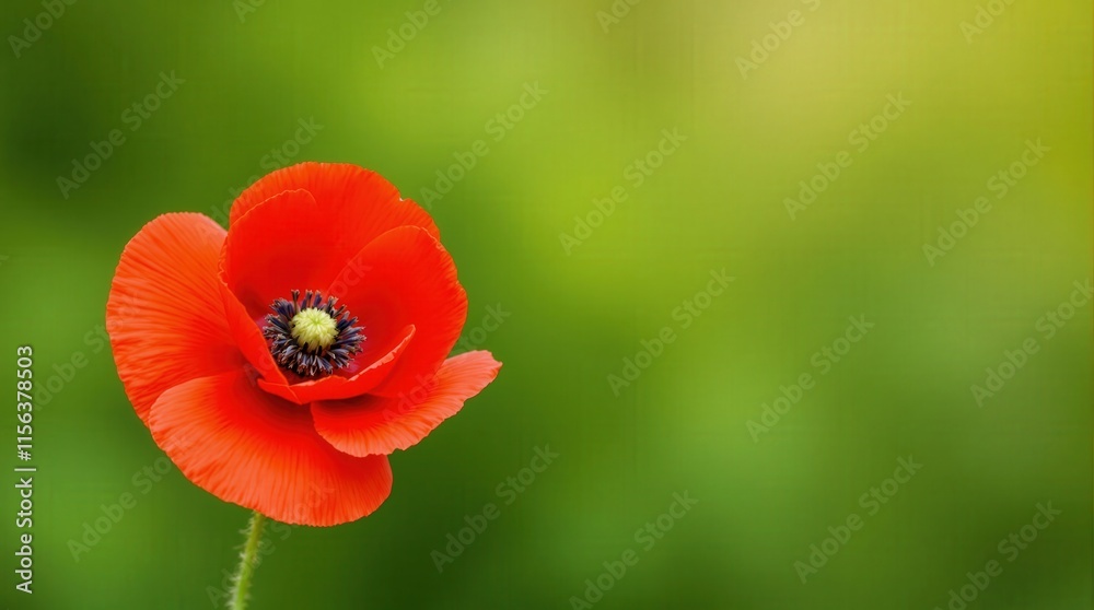 A striking red poppy flower in a soft green field, representing remembrance, ideal for commemorations or nature art. A striking red poppy flower in a soft green field, representing remembrance, ideal for commemorations or nature art.