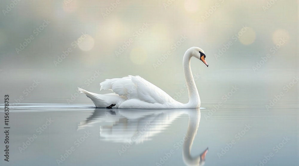 Obraz premium A graceful white swan gliding on still water with a soft reflection, perfect for romantic or tranquil designs.
