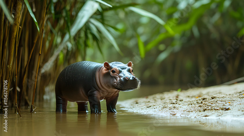A pygmy hippo baby standing on a sandy riverbank in Thailand, its small body reflecting in the calm water with tall bamboo forests in the background 