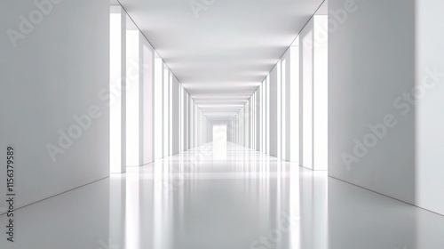 Sleek Modern Office Corridor with Long Views and Bright Lighting