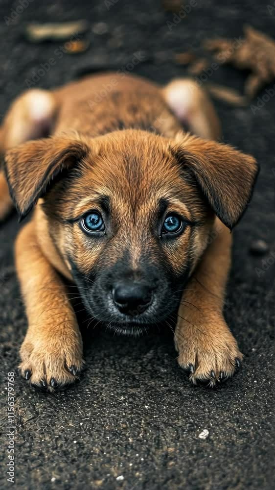 Playful puppy lying on the ground with striking blue eyes in a natural setting during daylight Playful puppy lying on the ground with striking blue eyes in a natural setting during daylight