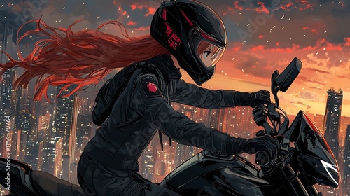 Fiery Sunset Ride: Digital Painting of a Female Motorcyclist in a Cyberpunk City AI Generated photo