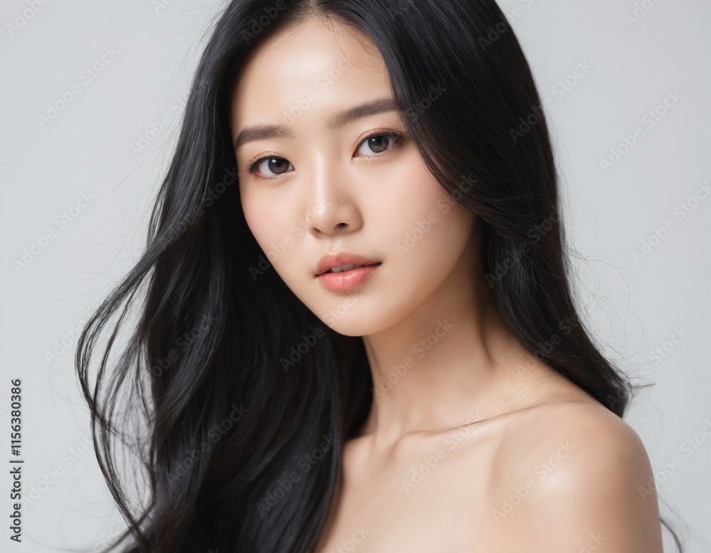 Obraz premium Portrait of a beautiful young Asian woman with fresh clean skin and long thick black hair