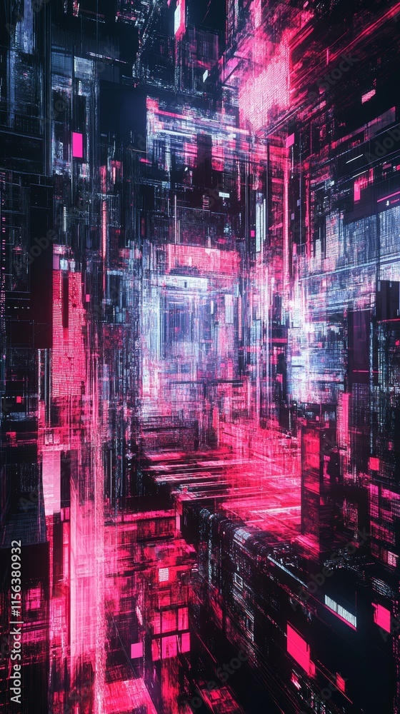 Fototapeta premium A vibrant digital cityscape featuring neon lights and abstract geometric patterns, capturing a futuristic cyberpunk aesthetic.