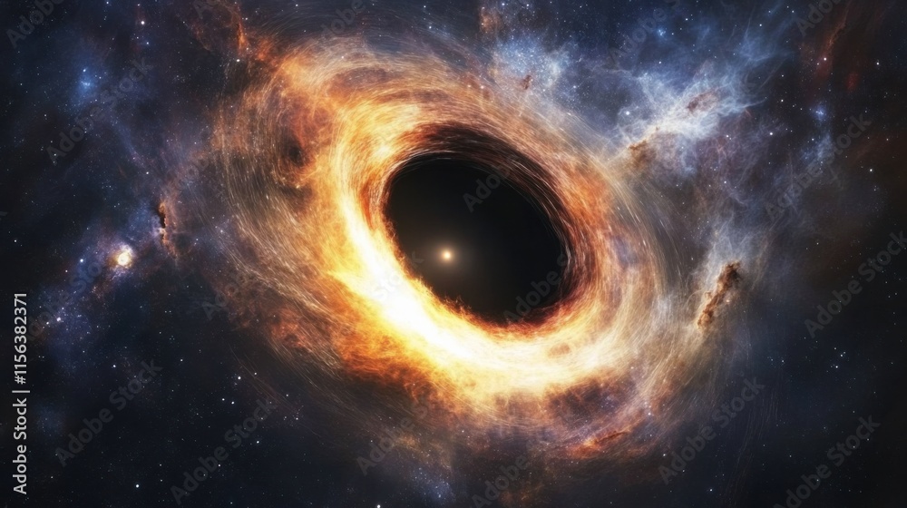 A highly detailed and realistic representation of a black hole in space, bending light around it A highly detailed and realistic representation of a black hole in space, bending light around it