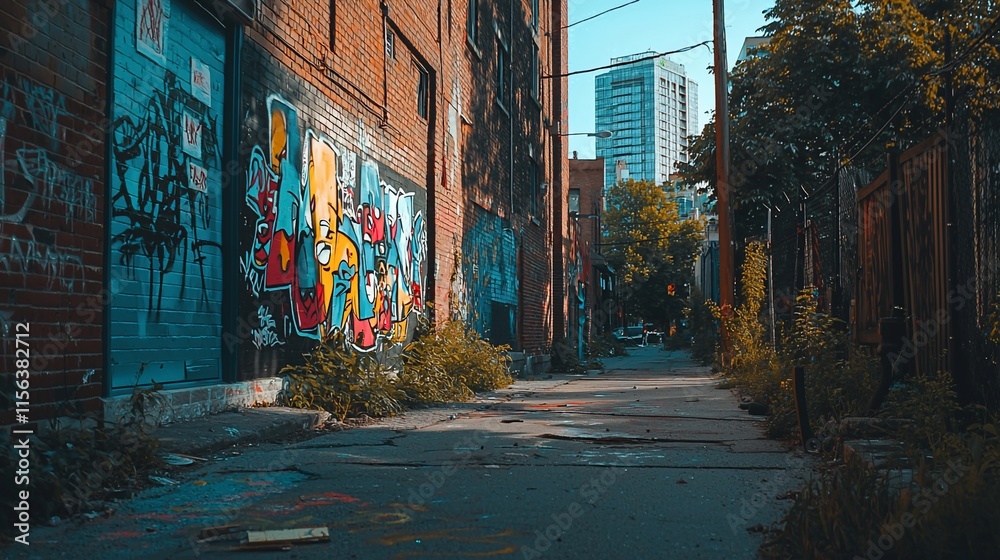 Fototapeta premium Graffiti-covered urban alleyway with overgrown vegetation.