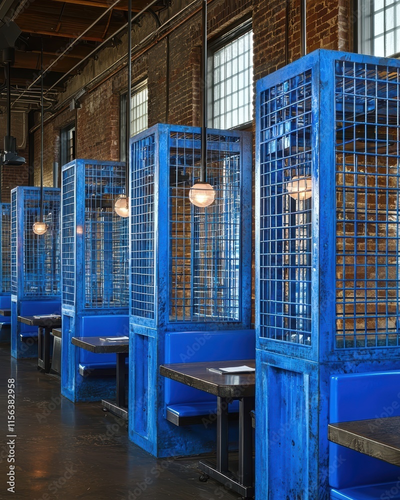 Modern Blue Food Booths in Stylish Urban Restaurant Setting