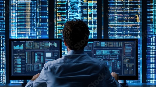 Individual working on dual monitors displaying data analysis.