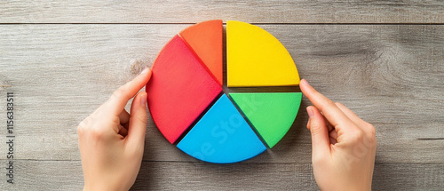Obraz na płótnie A top-down view of colorful pie charts and graphs on a wooden desk with hands pointing at different sections, representing market segmentation data evaluation. w salonie