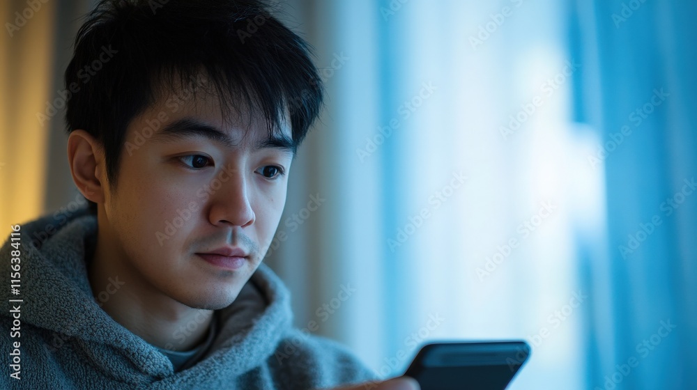 Person gazing puzzled at smartphone screen, reflecting modern challenges of technology and communication in daily life. Person gazing puzzled at smartphone screen, reflecting modern challenges of technology and communication in daily life.