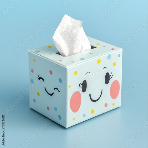 Cute tissue box with happy faces and colorful dots.