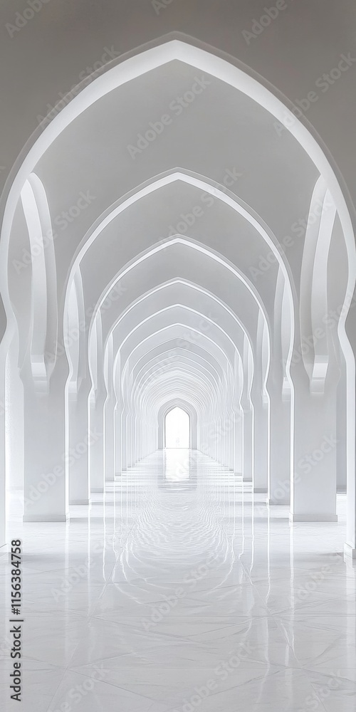 Fototapeta premium A long white hallway with arched ceilings. The ceiling is white and the floor is white. There are no people in the hallway