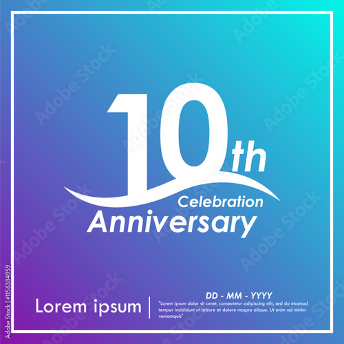 10th years anniversary celebration emblem. anniversary logo isolated with curve stroked - wave line on purple and blue gradient background. .vector illustration template design