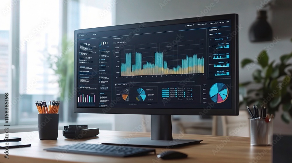 Business Intelligence Dashboard on Virtual Screen in Modern Office Business Intelligence Dashboard on Virtual Screen in Modern Office