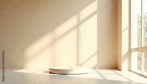 Fondo de podio beige claro para exhibición de productos en interior con luz solar y sombras en pared de concreto