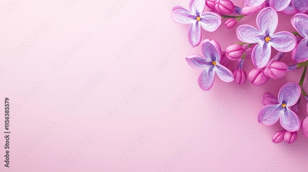 Pastel floral concept. Beautiful lilac flowers on a soft pink background, ideal for spring-themed designs.