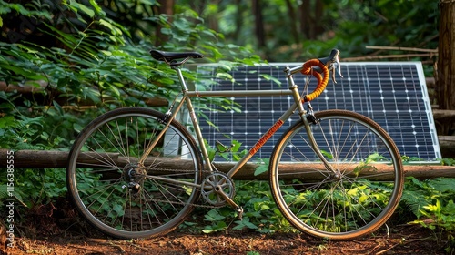 Bicycle Resting Beside Eco Friendly Solar Panel Under Clear Blue Sky Evokes Sustainable Transportation and Renewable Energy Living Concept