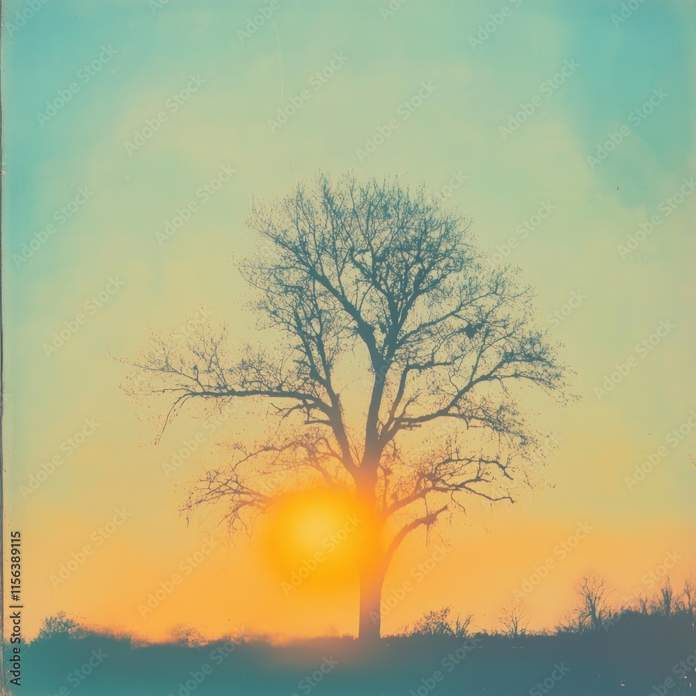 Fototapeta premium Solitary tree silhouetted against a vibrant sunset.