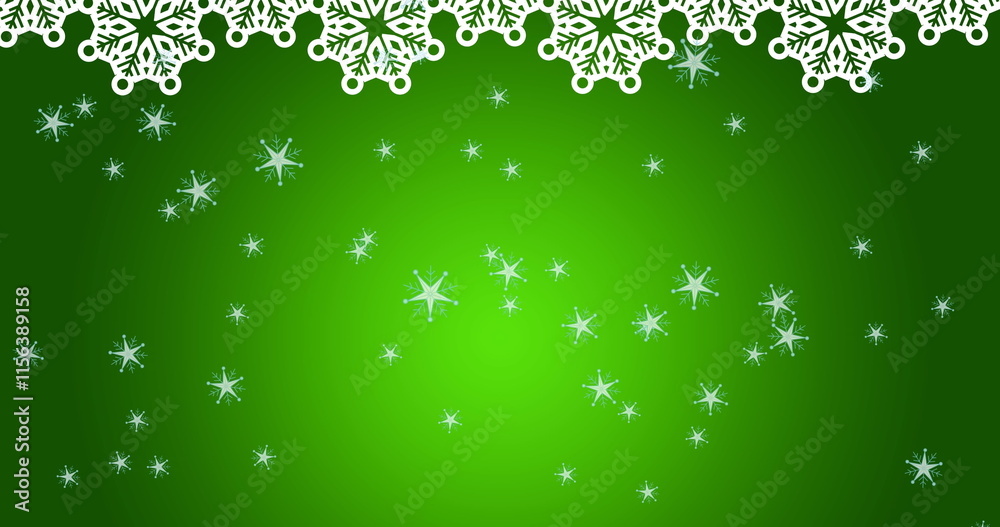 Image of snowflakes falling over green background, copy space Image of snowflakes falling over green background, copy space