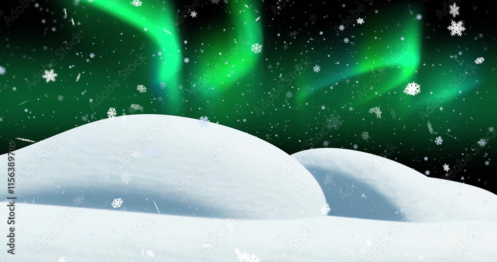 Image of snow falling and aurora borealis in christmas winter scenery background Image of snow falling and aurora borealis in christmas winter scenery background