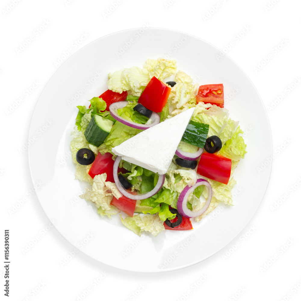 Greek salad with fresh vegetables, on a white background, isolated. Top view. Greek salad with fresh vegetables, on a white background, isolated. Top view.