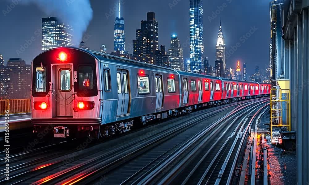 A subway train illuminated at night, passing through a cityscape with tall buildings.