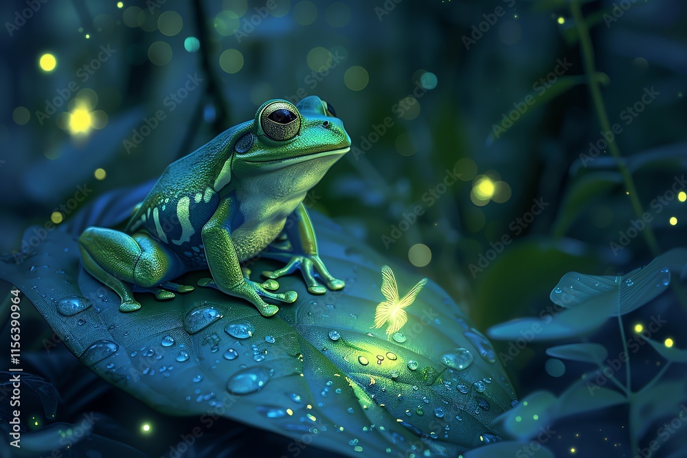 Green tree frog on leaf at night with fireflies. Green tree frog on leaf at night with fireflies.