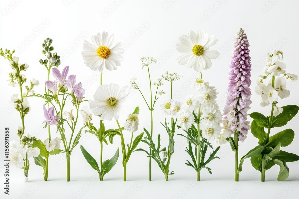 Obraz premium Array of delicate white and lilac flowers, stems upright against white backdrop. Perfect for spring, nature, or floral designs needing a soft, elegant feel.