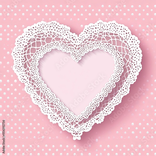 Pink background with heart-shaped lace doily and small patterns, offering a whimsical Valentine's theme.