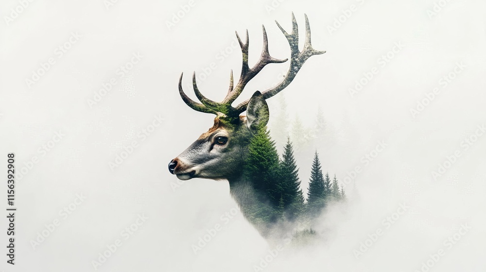 Fototapeta premium Majestic deer double exposure with forest nature scene artistic photography calm environment