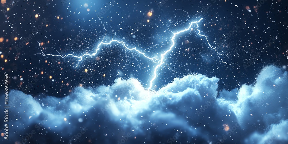 Fototapeta premium Dramatic lightning strike through dark storm clouds with falling rain.