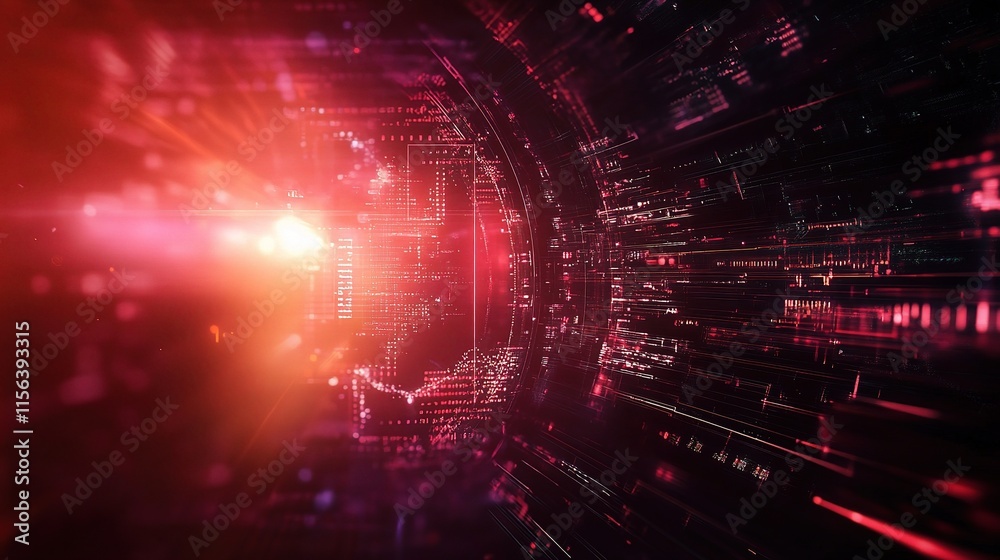 Fototapeta premium Cyberpunk Tunnel: A mesmerizing digital tunnel, filled with vibrant neon lights and intricate circuits, creates an ethereal and futuristic atmosphere, pulsing with energy.