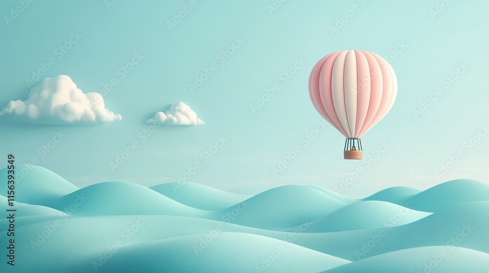 Obraz premium Miniature Hot Air Balloon Floating Over Simplistic Waves and Clouds in a Dreamlike 2D Landscape