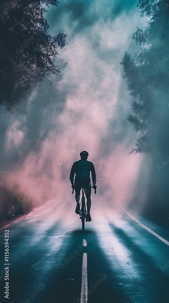 Cyclist on a foggy road. Adventure, journey, freedom concept. Cyclist on a foggy road. Adventure, journey, freedom concept.