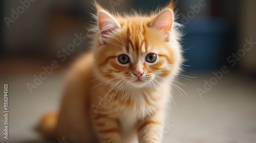A charming orange cat sitting upright and gazing directly at the camera, showcasing its bright fur and expressive eyes. 
