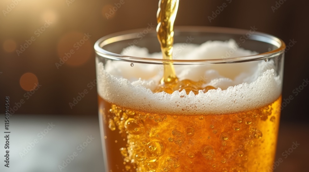 A photorealistic close-up of a golden beer being poured into a clear glass, capturing the bubbles and foam as it cascades down. A photorealistic close-up of a golden beer being poured into a clear glass, capturing the bubbles and foam as it cascades down.