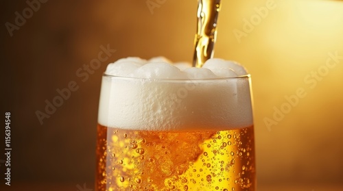 A photorealistic close-up of a golden beer being poured into a clear glass, capturing the bubbles and foam as it cascades down. 