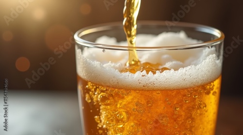 Wallpaper Mural A photorealistic close-up of a golden beer being poured into a clear glass, capturing the bubbles and foam as it cascades down.  Torontodigital.ca