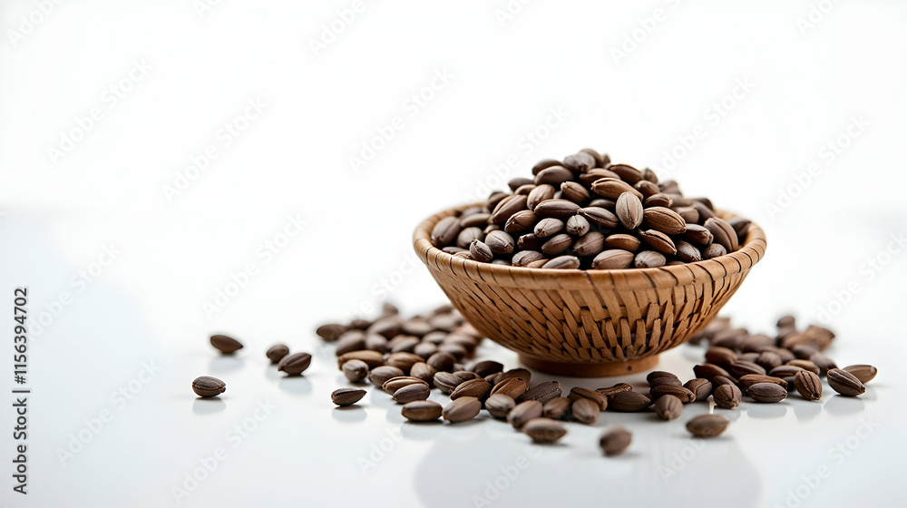 Fototapeta premium A rustic bowl overflows with dark brown seeds, scattered on a pristine white surface. A simple yet elegant still life.