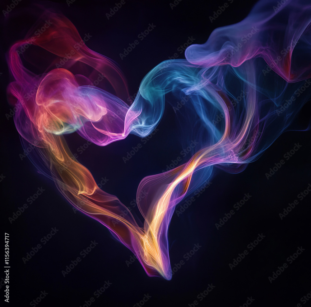 Vibrant heart-shaped colorful smoke design on a dark background, symbolizing passion and emotion. Vibrant heart-shaped colorful smoke design on a dark background, symbolizing passion and emotion.