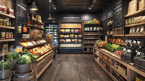 Modern grocery store interior with fresh produce and shelves stocked with various food items.