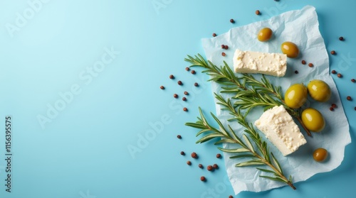 Blue background with a flavorful arrangement of feta cheese olives rosemary and peppercorn on a piece of paper providing a visually appealing copy space image 