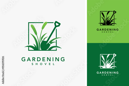 Shovel dan grass for gardening logo design