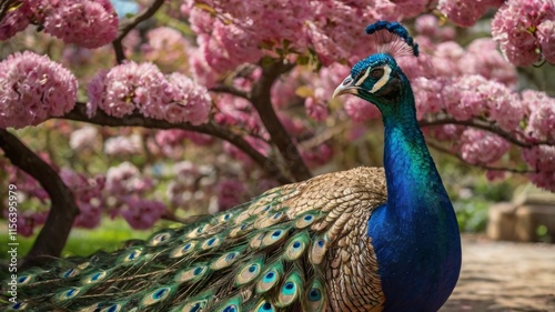 A majestic peacock stands amidst a sea of vibrant blossoms, its resplendent plumage unfurled, as it gazes off to the side with reg  photo